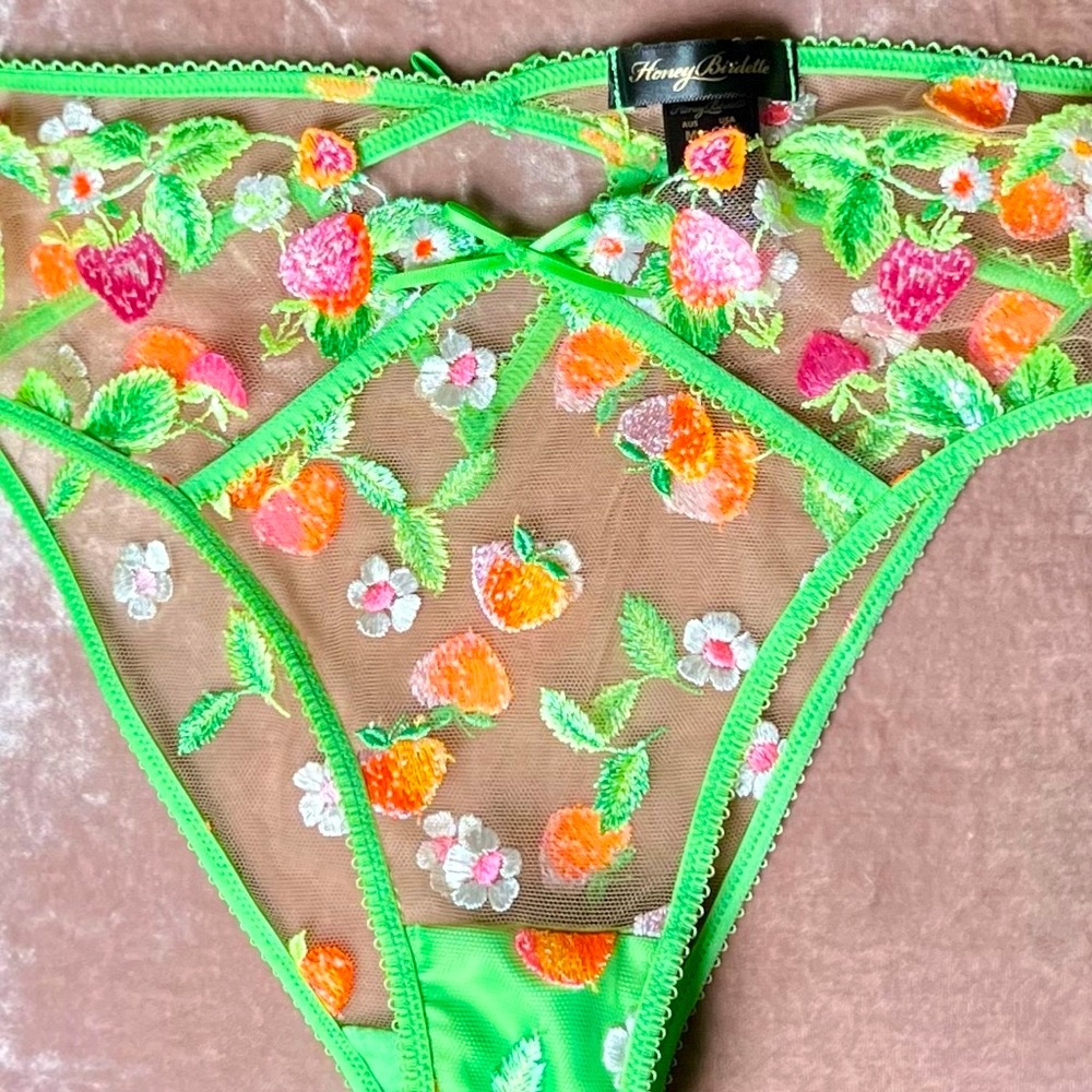 Honey Birdette Lottie Sheer Embroidered Fruit Floral Panties Neon Mesh Medium